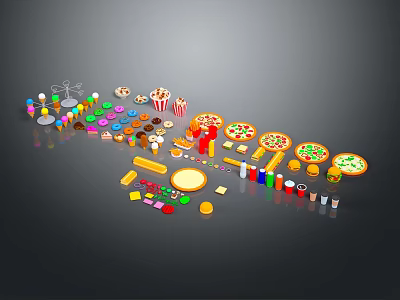 Assorted Colorful Snacks And Foods With Pizzas Popcorn Candies And Drinks 3d model