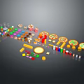 Assorted Colorful Snacks And Foods With Pizzas Popcorn Candies And Drinks