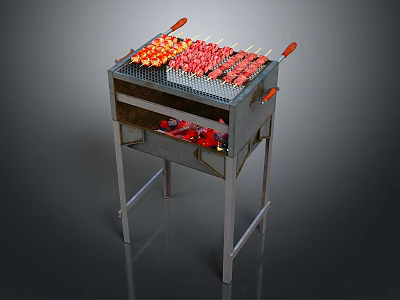 Grilled Lamb Skewers On Metal Grill With Red Charcoal Flames 3d model