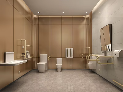 Modern Public Restroom Interior With Golden Walls Toilets Sinks And Handrails 3d model