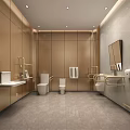 Modern Public Restroom Interior With Golden Walls Toilets Sinks And Handrails