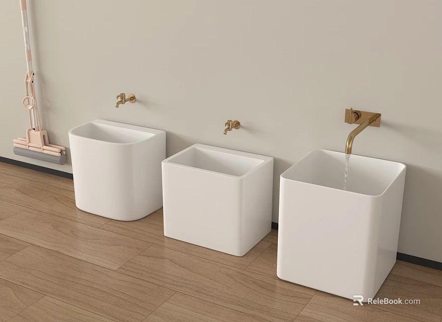 Bathroom Accessories Featuring Three White Square Wash Basins Golden Faucets And Mop Set 3d model 