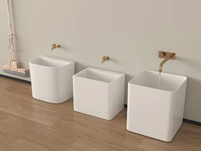 Bathroom Accessories Featuring Three White Square Wash Basins Golden Faucets And Mop Set 3d model