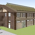 Traditional Style Wooden Building With Tiled Roof Multiple Windows And Porch