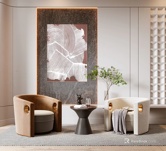 Leisure Sofa Set With Beige Brown Chairs Small Side Table Green Plant And Wall Art 3d model 