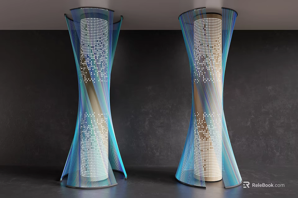 Modern Curved Decorative Columns With Blue And White Perforated Patterns And Illuminated Design 3d model 