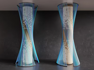 Modern Curved Decorative Columns With Blue And White Perforated Patterns And Illuminated Design 3d model