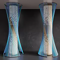 Modern Curved Decorative Columns With Blue And White Perforated Patterns And Illuminated Design