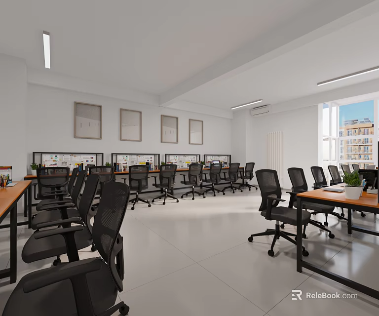 Modern Office Space With Black Chairs Desks Computers And Large Windows 3d model 