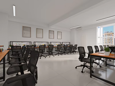 Modern Office Space With Black Chairs Desks Computers And Large Windows 3d model