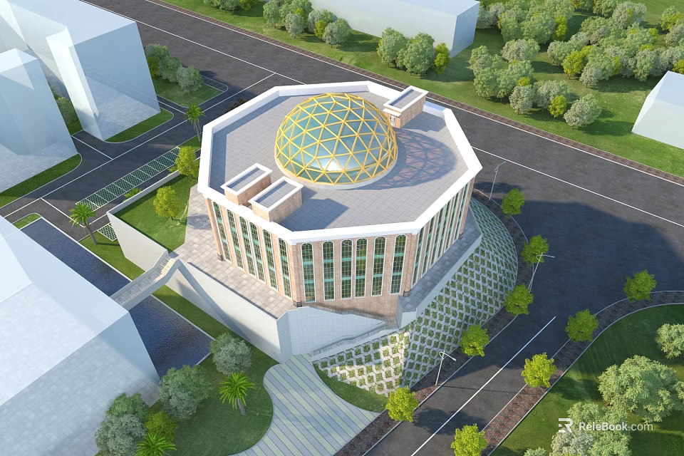 Aerial Planning of Octagonal Building with Glass Dome Surrounded by Trees Roads and Landscaping 3d model 