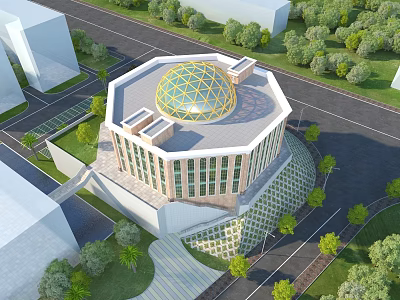 Aerial Planning of Octagonal Building with Glass Dome Surrounded by Trees Roads and Landscaping 3d model