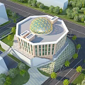 Aerial Planning of Octagonal Building with Glass Dome Surrounded by Trees Roads and Landscaping