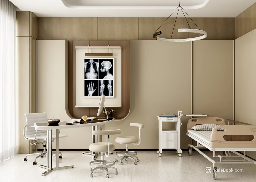 Modern Medical Examination Room With X ray Images Examination Bed Tables Chairs And Medical Equipment 3d model 
