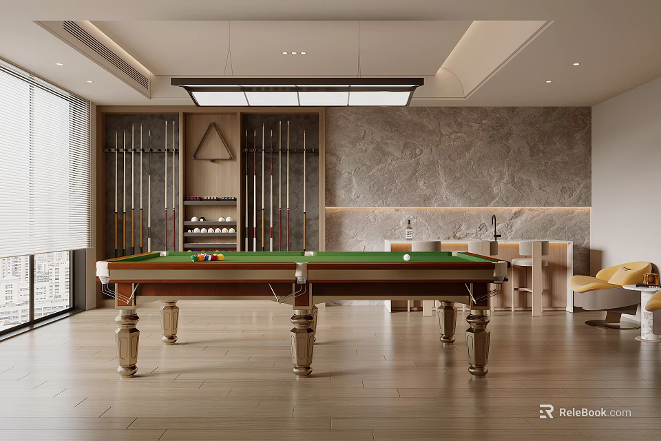 Modern Game Room Interior With Billiard Table And Stylish Decor 3d model 