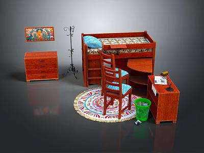 Wooden Bunk Bed Design With Desk Chair Cabinet Decorative Painting And Rug 3d model