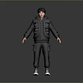 Standing 3D Human Character Model In Black Hoodie Vest With Pockets And Sneakers