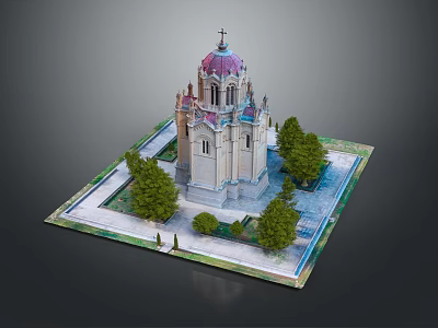 Cartoon Style Church Scene With Domed Roof Cross And Surrounding Trees On Square Base Platform 3d model