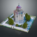 Cartoon Style Church Scene With Domed Roof Cross And Surrounding Trees On Square Base Platform