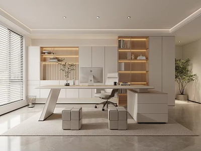 Modern Study Room Interior Design With Open Layout Wooden Desk And Ergonomic Chair 3d model