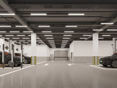 Parking Garage Interior With Ceiling Lights White Columns And Parked Vehicles 3d model