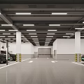 Parking Garage Interior With Ceiling Lights White Columns And Parked Vehicles