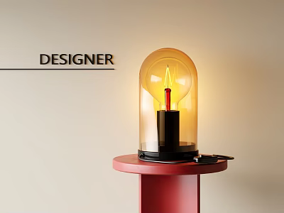 Designer Candle Lamp With Transparent Glass Shade And Warm Yellow Light On Red Base 3d model