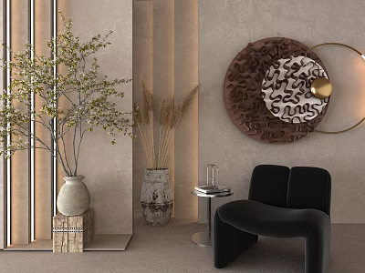 Modern Living Room With Circular Wall Decor And Plants 3d model