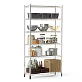 Stainless Steel Storage Shelves with Black Baskets Pots Jars Food Items and Wicker Basket