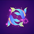 Pisces Zodiac Symbol With Two Fish On Purple Background And Neon Glow