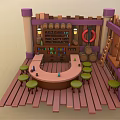 Cartoon Tavern Scene With Round Bar Counter Green Stools Wooden Barrels Ladder And Purple Columns