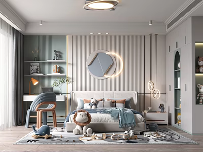 Kids Room Interior Design With Stuffed Lion Toy Desk Chair Striped Wall And Decorative Mirror 3d model