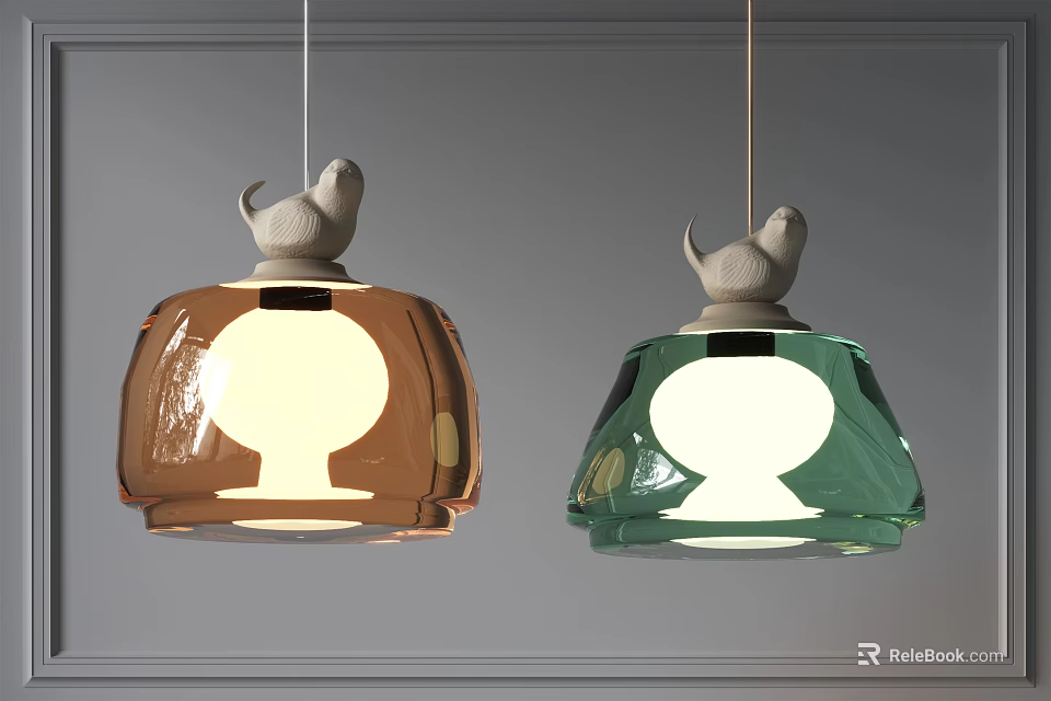 Two Modern Brown And Green Pendant Lights With Animal Shaped Top Glass Shades 3d model 