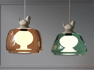 Two Modern Brown And Green Pendant Lights With Animal Shaped Top Glass Shades 3d model