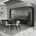 Modern Apartment Featuring Open Kitchen Dining Area With Table Chairs Cabinets Artwork Hexagon Marble Flooring 3d model
