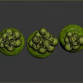 Three Green Decorative Trees With Lush Canopies And Exposed Roots On Grass Base