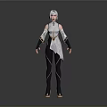 3D Character Model With Silver Hair White Top Black Pants And Decorative Details
