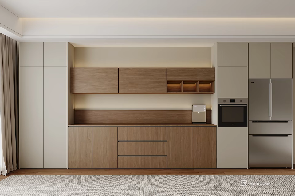 Modern Kitchen Interior With Wooden Sideboard White Cabinets And Stainless Steel Appliances 3d model 