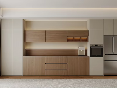 Modern Kitchen Interior With Wooden Sideboard White Cabinets And Stainless Steel Appliances 3d model