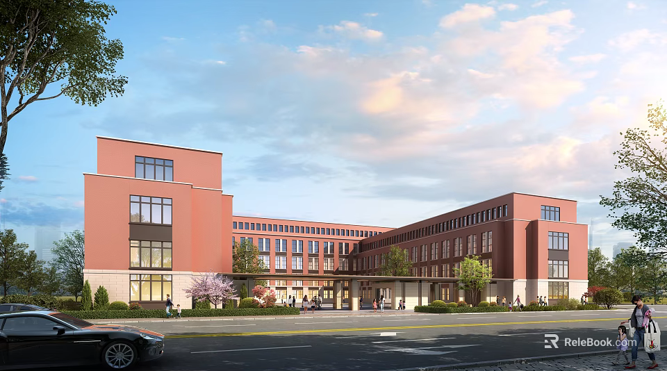 Red Brick School Building Exterior With Landscaping And Street 3d model 