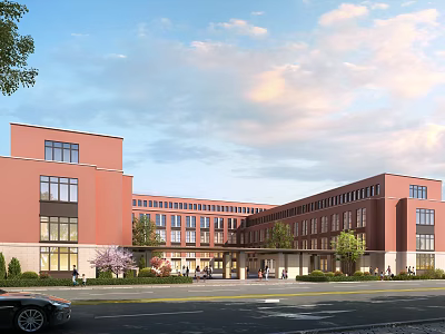 Red Brick School Building Exterior With Landscaping And Street 3d model