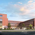 Red Brick School Building Exterior With Landscaping And Street