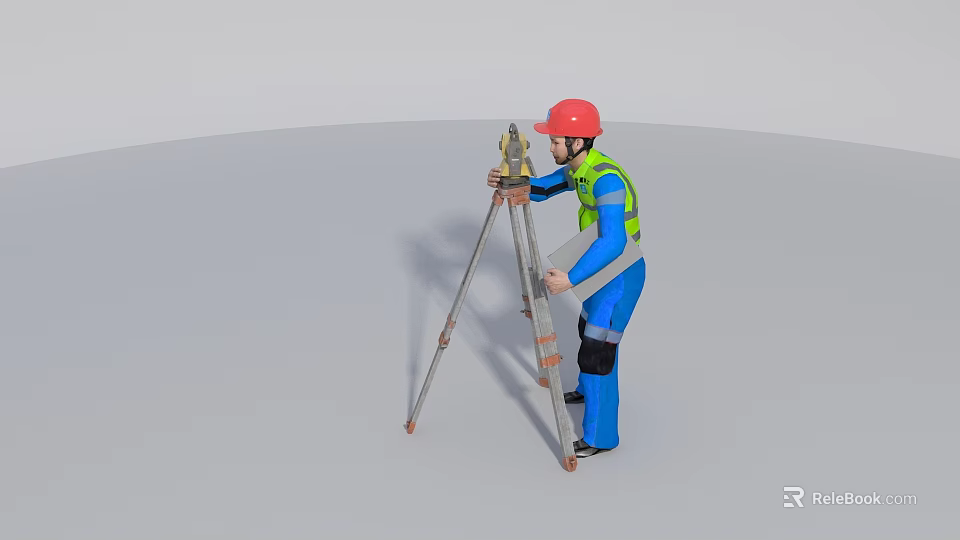 Professional Industrial Surveying Equipment Operated by Worker in Safety Gear with Tripod 3d model 