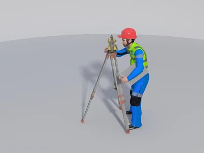 Professional Industrial Surveying Equipment Operated by Worker in Safety Gear with Tripod 3d model
