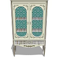 Vintage Style Sideboard With Double Glass Doors Ornate Details Green Interior And Slender Legs