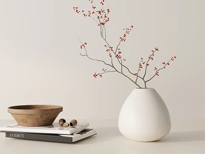 White Ceramic Vase With Red Berry Branches On Tabletop With Wooden Bowl And Books 3d model
