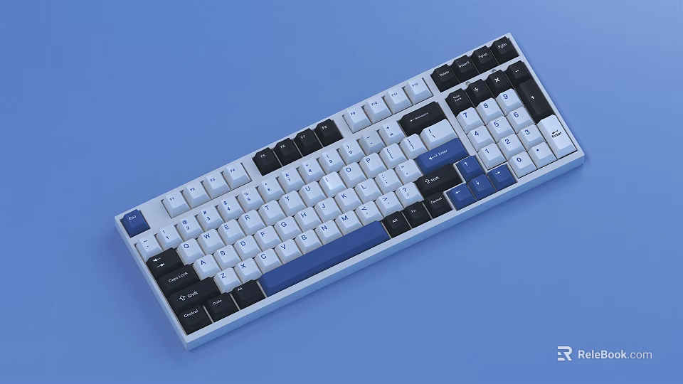 Full Size Mechanical Computer Keyboard With White Black And Blue Keycaps Design 3d model 