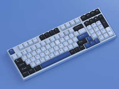 Full Size Mechanical Computer Keyboard With White Black And Blue Keycaps Design 3d model