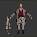 Game Movie Character With Blonde Hair Red Vest Gray Coat And Umbrella