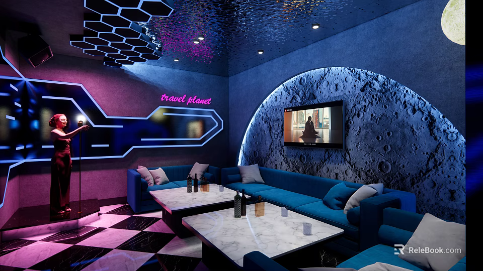 KTV Room Interior With Travel Planet Neon Lights Blue Sofas Moon Shaped Wall And TV 3d model 